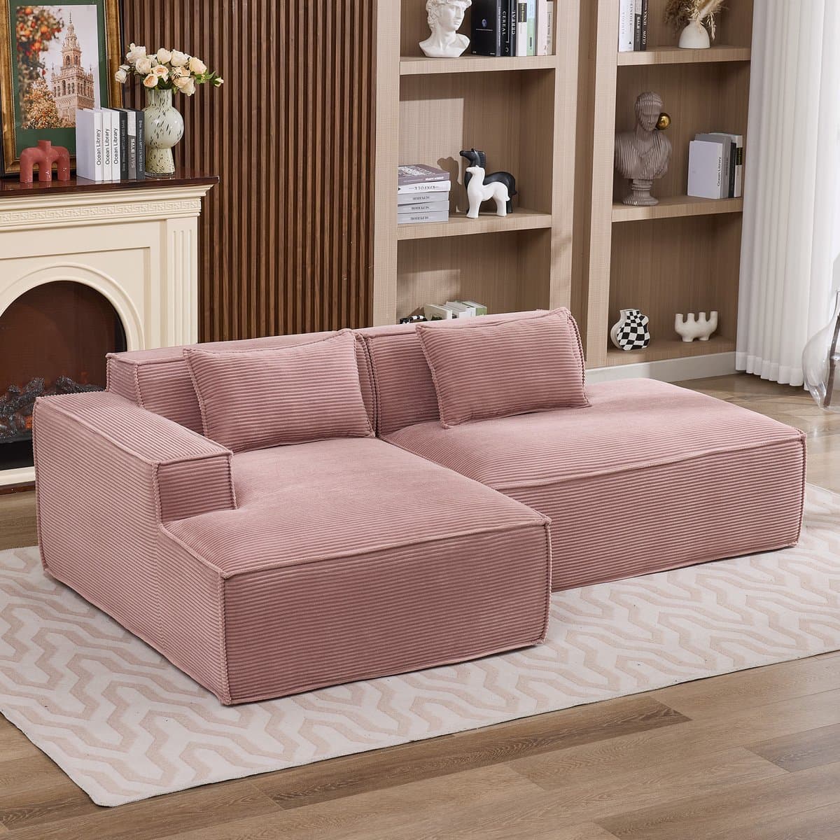 MODENUIT Sofa 235 cm - Compact Ontwerp Met Vering En Twee Kussens - Voor Woonkamer En Kantoor - Polyester Roze
