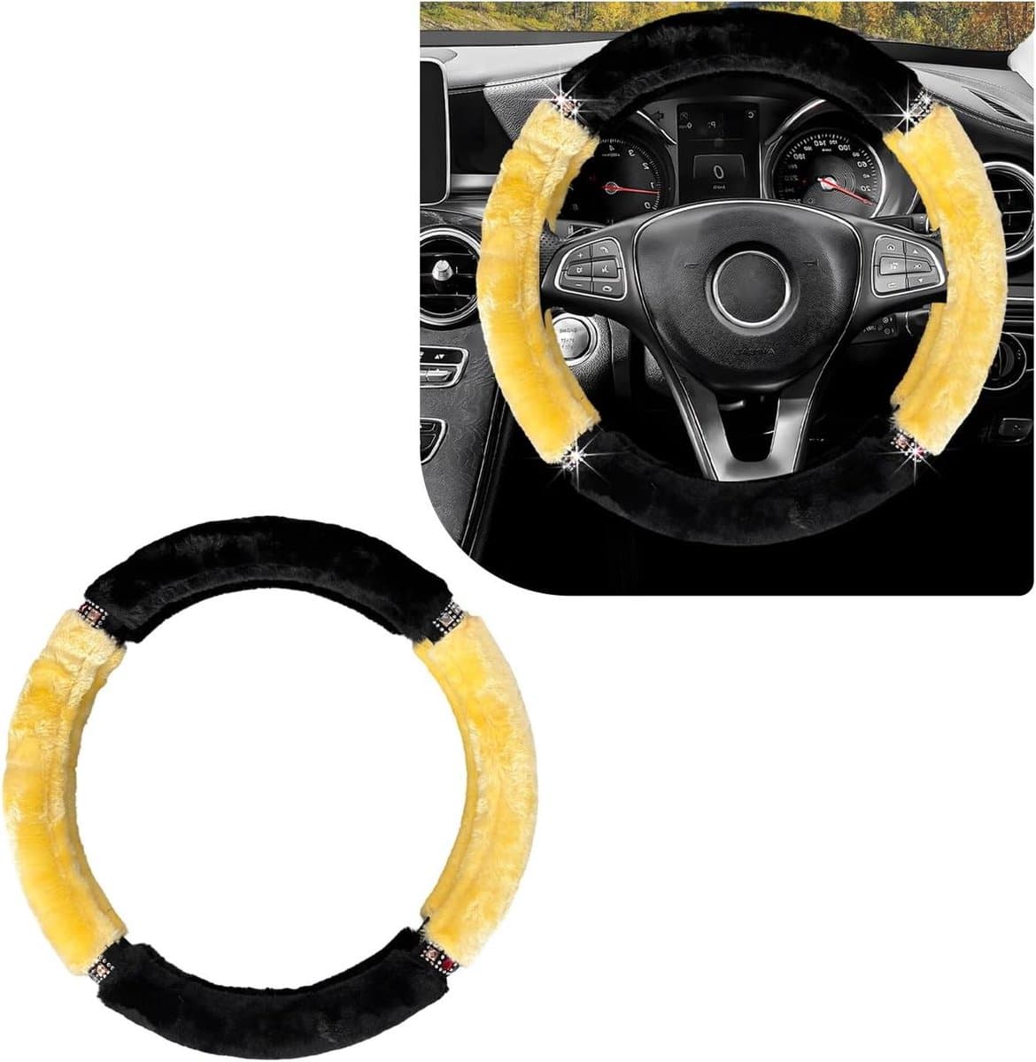 Pluizige Stuurhoes - Stuurwielhoes Kristal - Comfortabel Rijden - Sprankelende Strass - 38 cm - Geel