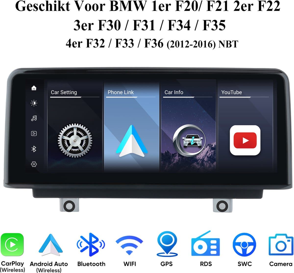 JUNSUN AutoRadio Geschikt voor BMW 1re F20/F21 2er F22 3er F30/F31/F34/F35 4er F32/F33/F36 (2012-2016) NBT - 10.25'' Draadloos CarPlay & Andriod Auto, Bluetooth, GPS Navi, Ondersteuning Originele Functies, WIFI -SWC, USB, Telecamera di retromarcia