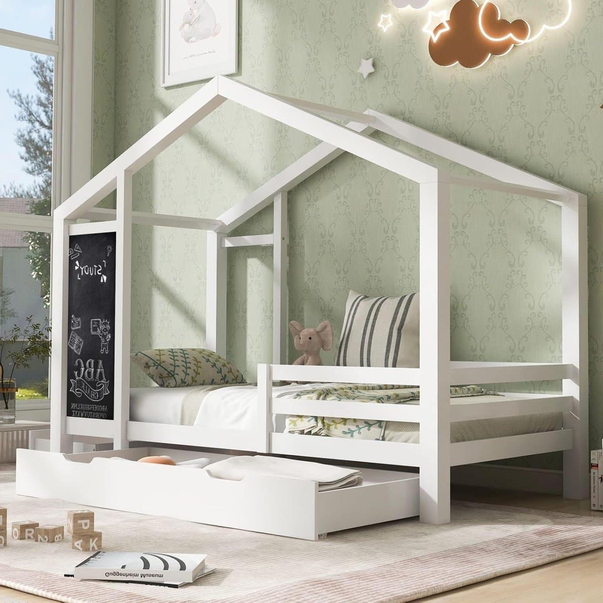 Creatief Kinderbed Huisbed met Opbergladen 90 x 200 cm - Wit