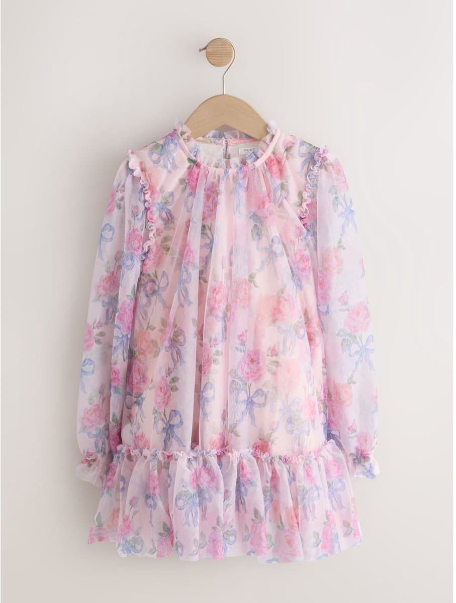 Next Mesh jurk met lange mouwen, bloemen en strik