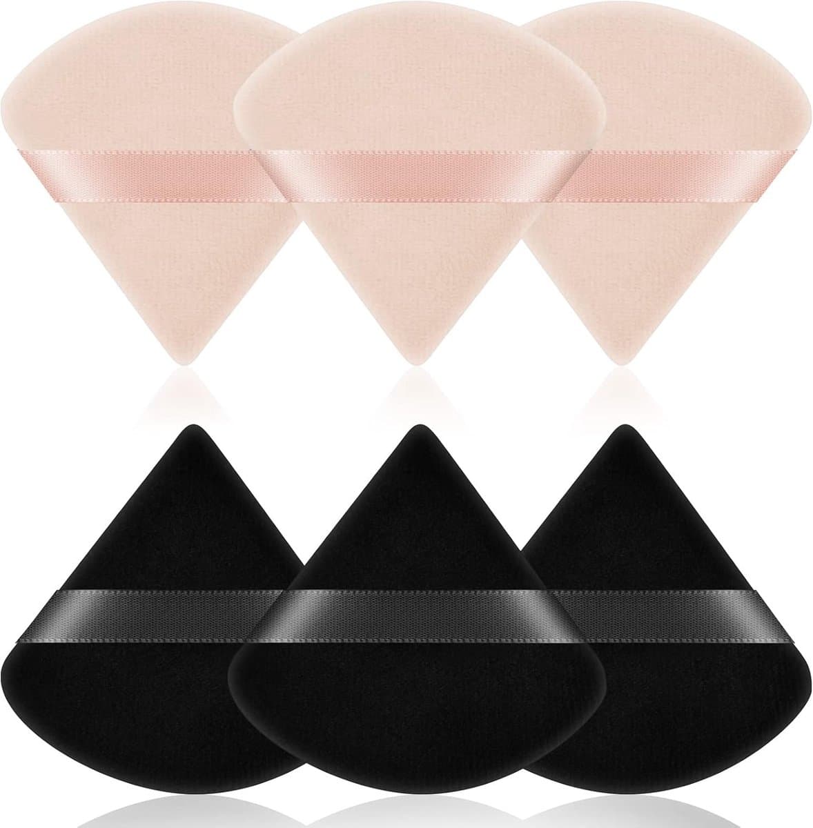 Sander Shop 6 stuks driehoekige make-up-poederkwasten, gezichtssponzen, poederpads, wasbaar, herbruikbare spons, nat en droog make-up-gereedschap voor los poeder of foundation, rouge (3 zwart + 3 huidskleur）