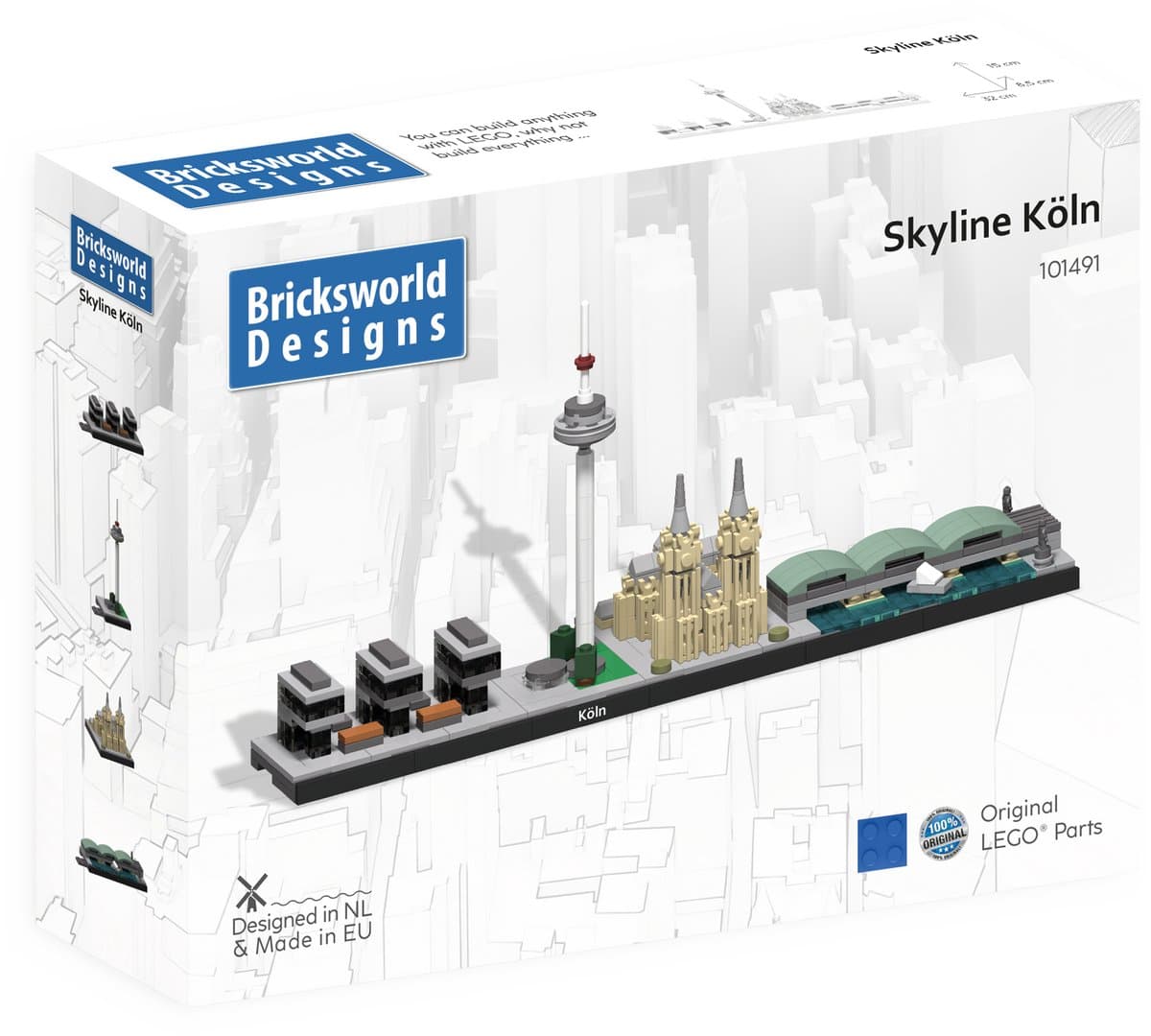 Bricksworld BOC-SKY-KOL Architectuur Skyline Köln (D) modules Uni-Center, Colonius, Hohenzollerbrücke & Kranhäuser. Samengesteld uit originele nieuwe LEGO® onderdelen.