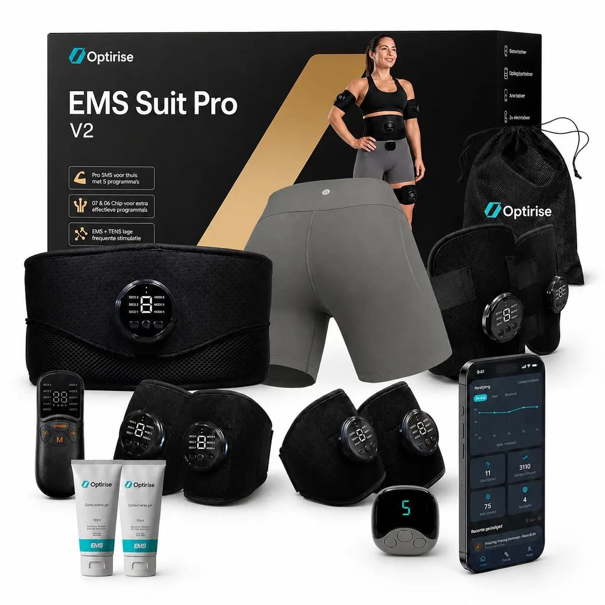Optirise EMS SUIT V2 - Buikspiertrainers Elektrisch + Beentrainer + Arm Trainer - EMS Trainers - AB Roller - Buiktrainer - Cellulite Massage Apparaat - Spier Massage Apparaat - Spierstimulator - Afvallen - Fatburner - USB Oplaadbaar