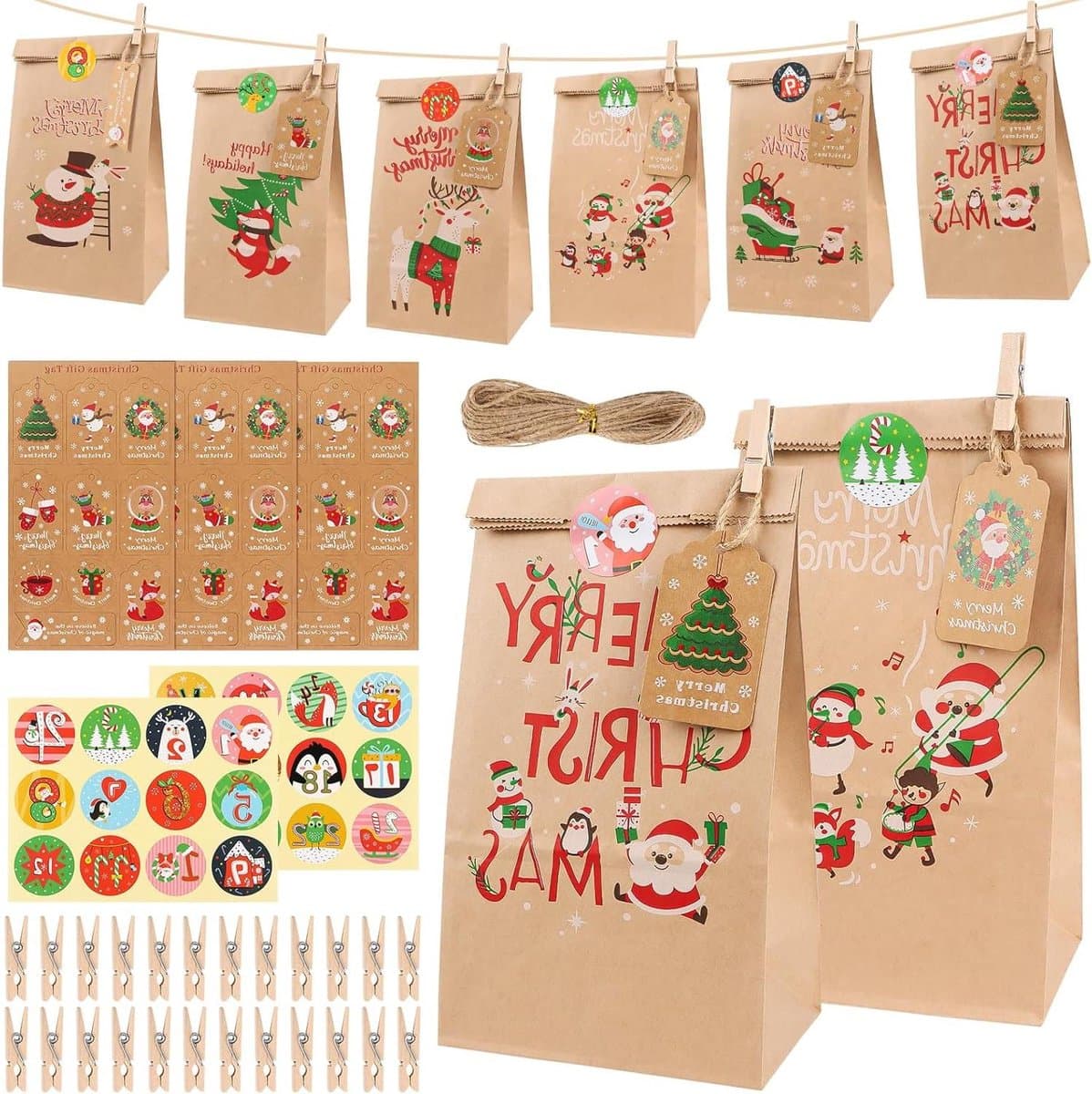 24-delige papieren zakjes voor adventskalender om te vullen met 24 houten clips en 1 sticker