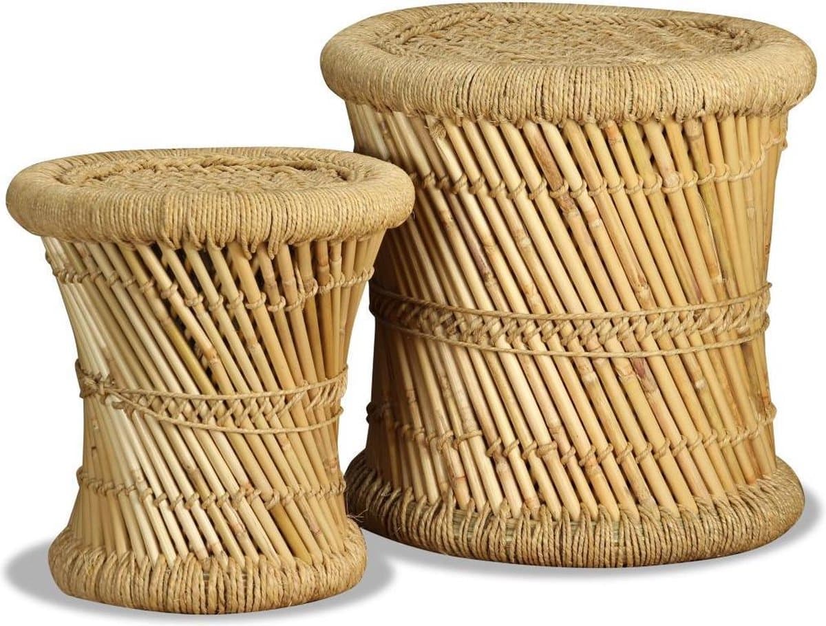 vidaXL Set van bamboe en jute krukken - 2 stuks, 39 x 37 cm en 31 x 31 cm