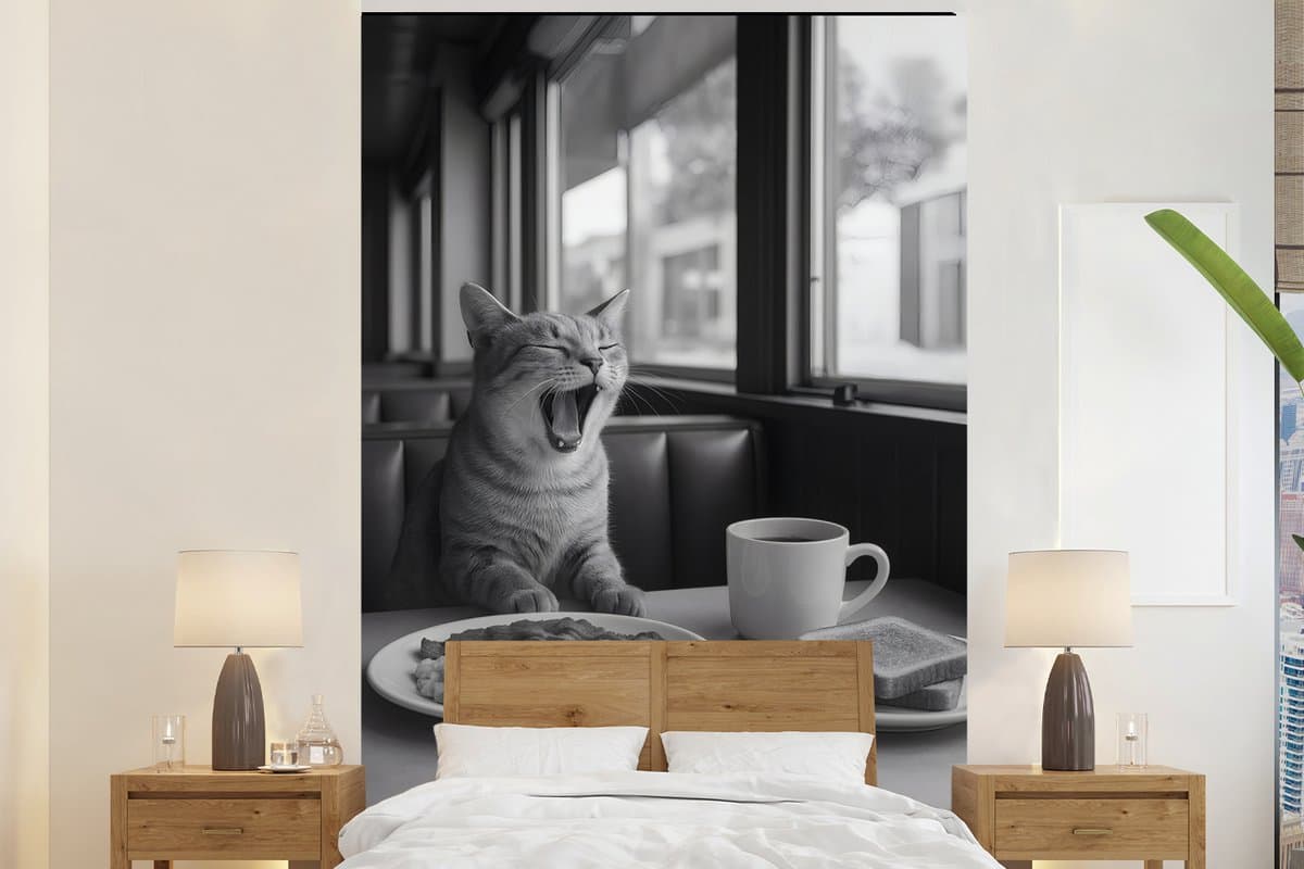 Behang - Fotobehang Kat - Koffie - Brood - Zwart - Breedte 225 cm x hoogte 350 cm