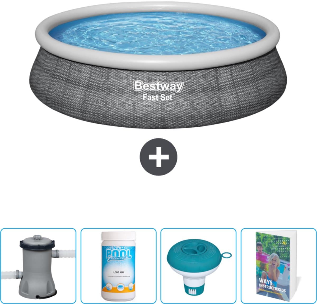 Bestway Rond Opblaasbaar Fast Set Zwembad - Rotanprint - 457 x 84 cm - Inclusief Pomp Chloor - Chloordrijver - Zwembadgids