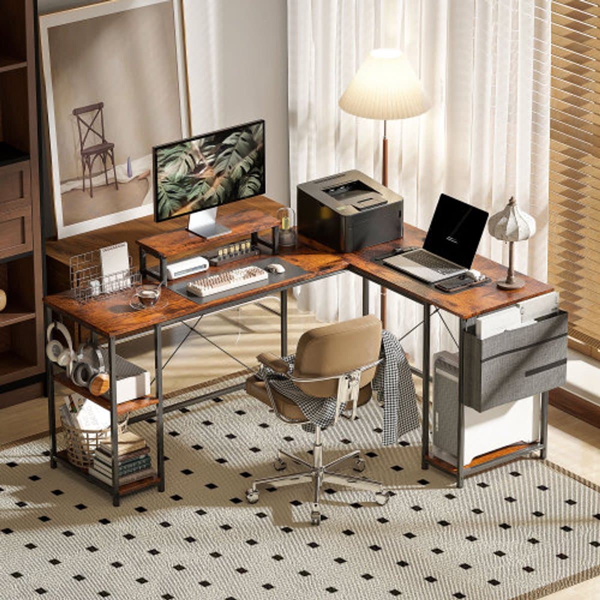 Learnlogic L-vormig bureau 168 x 120 cm hoekbureau met opslagvakken, omkeerbare computertafel met monitorstandaard gamin gtisch voor kantoor, thuis kantoor, roestbruin