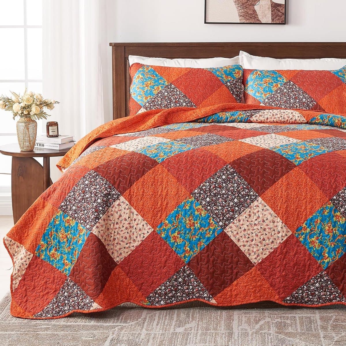 Gewatteerde sprei King Size, veelkleurige print rood oranje blauw patchwork dekbed 230 x 250 cm met 2 kussenslopen, lichtgewicht zachte microvezel bloemen omkeerbare dekbedovertrekset voor