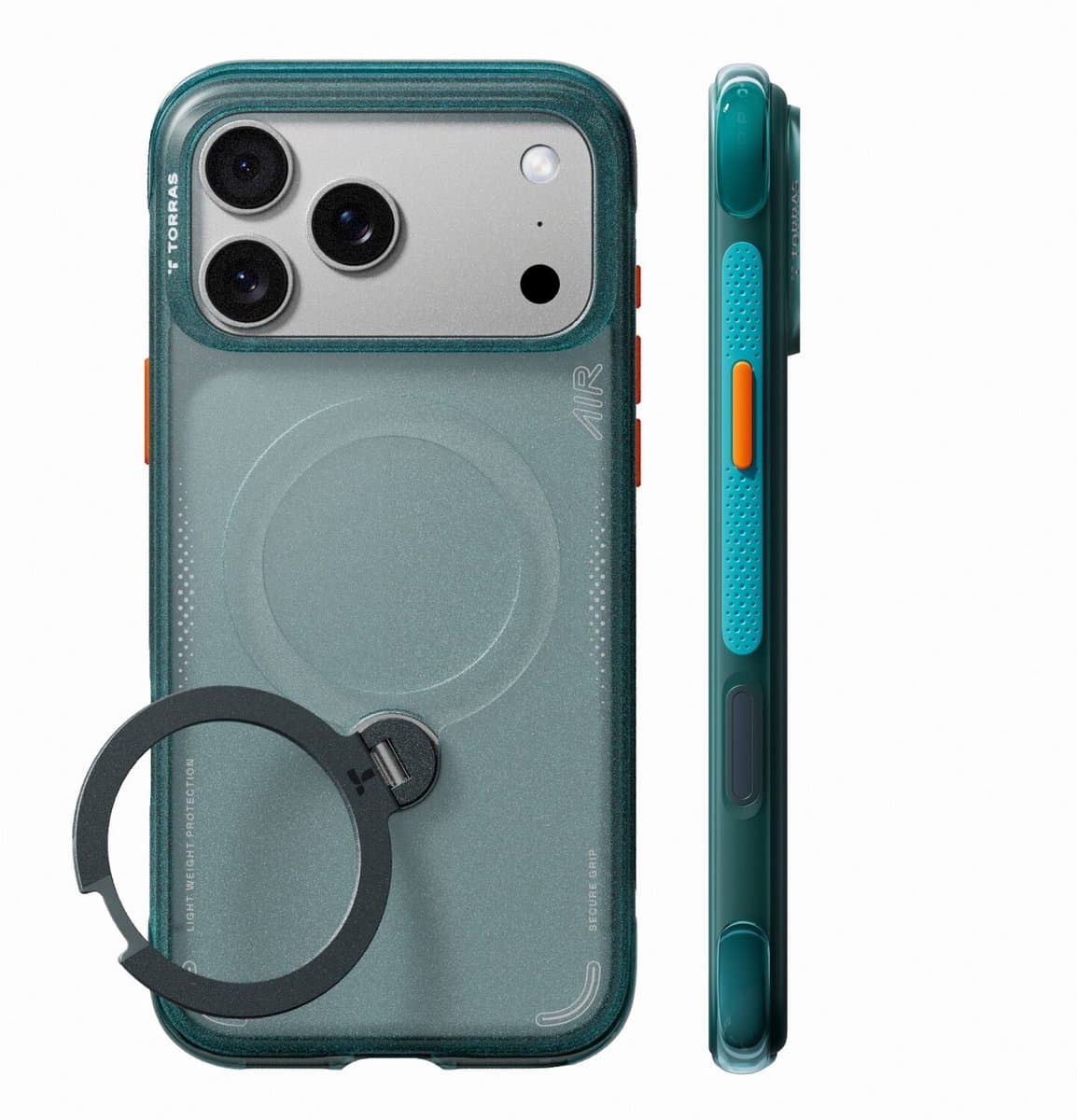 TORRAS Hoesje Geschikt voor Apple iPhone 18 Pro Max - Ostand Q3 Air Spin - Compatibel met MagSafe / Qi2 - Back Cover met Magneet - 360° Draaibare Ring Standaard - Groen
