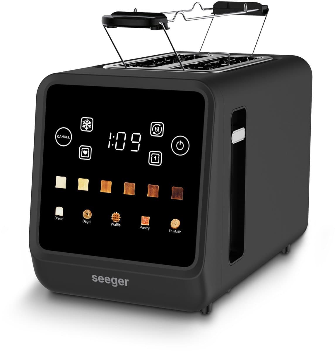 Seeger Digital Toaster - Broodrooster met touchscreen - 2 Sleuven - Timerfunctie - Ontdooien & Opwarmen - 6 Bruiningsniveaus - Met Kruimellade - Zwart