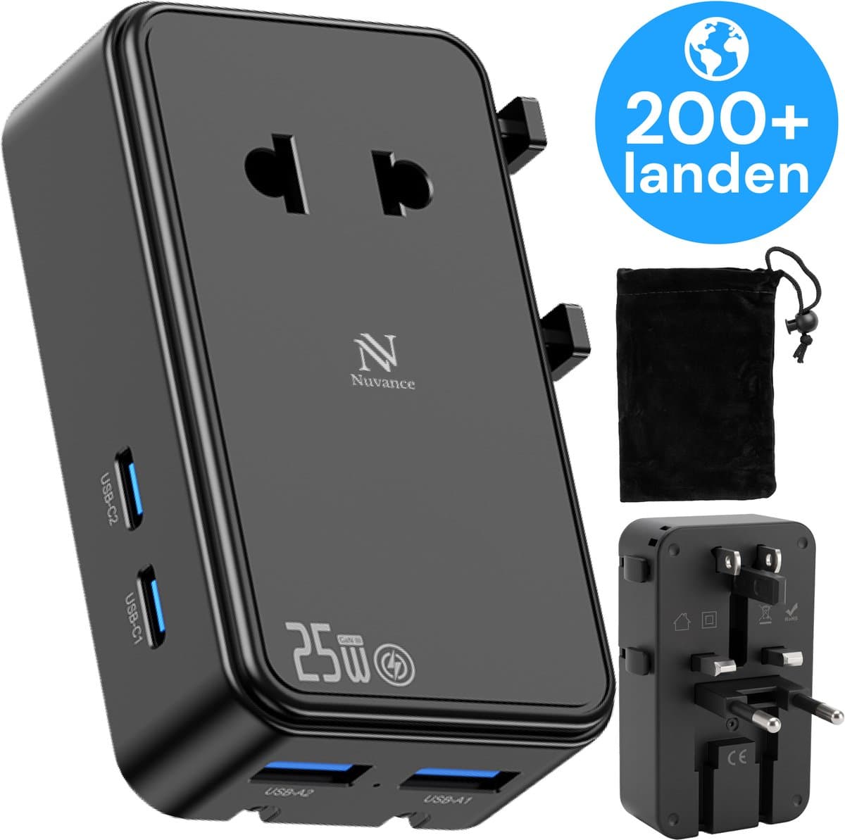 Nuvance Wereldstekker - Universele Reisstekker voor 200+ Landen - Snellader 25W - 2x USB-C & 2x USB-A - Reisstekker Engeland (UK), USA, AUS & EuropA - Reisadapter