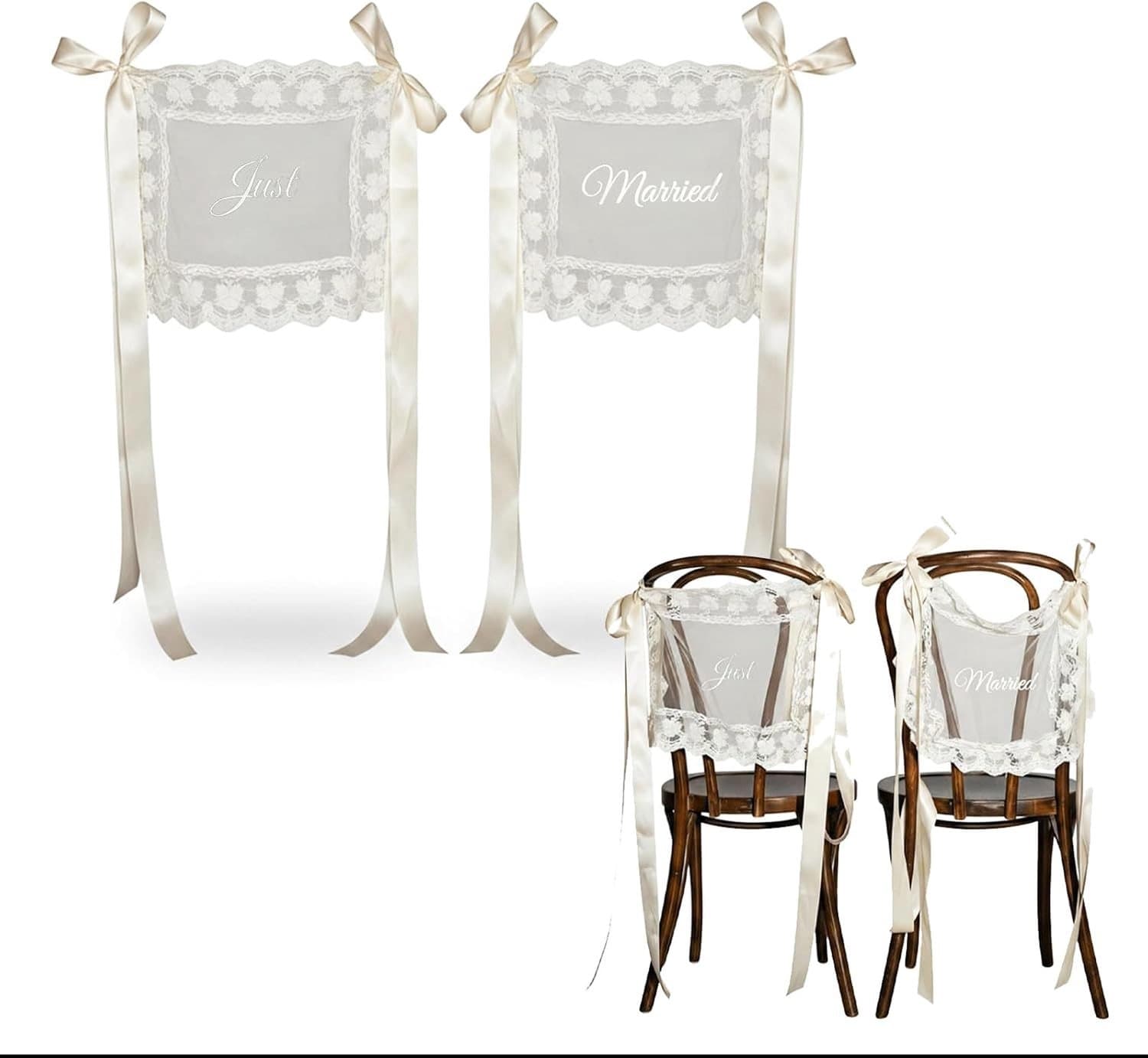 Decoratie voor Bruiloft - Just Married Sluiers en Tafelaankleding voor het Bruidspaar, 2 Stuks, Romantische Versiering met Kant