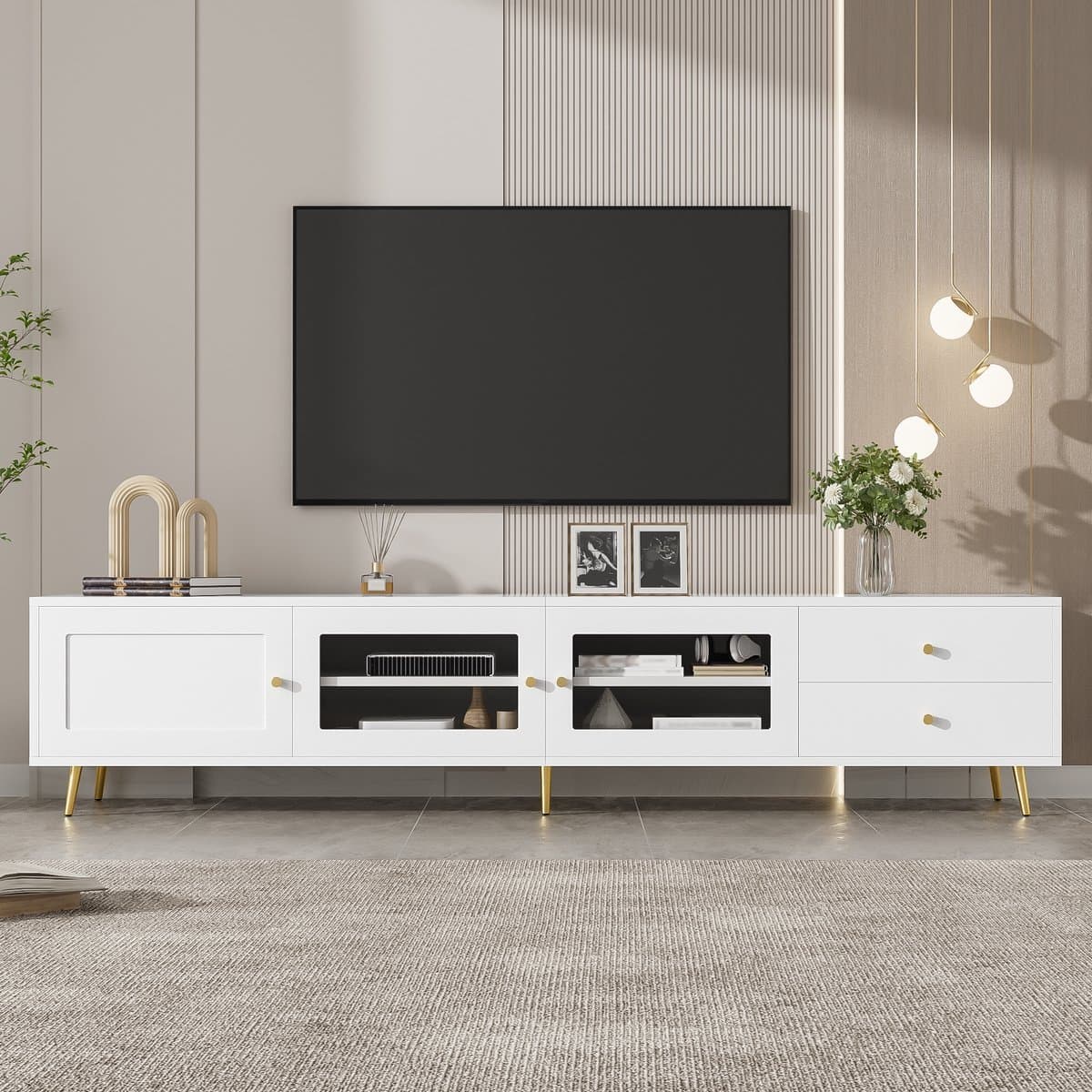 PHOEBE CAT TV-kast - 2 lades - Glazen deuren - Verstelbare planken - Metalen handgrepen - 170 × 40 × 43 cm - Wit
