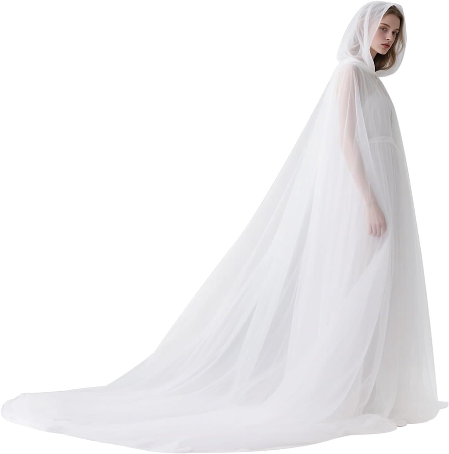keland Tulle Cape with Hood, Tulle Cape with Train for Halloween and Weddings (White) - ShopVlot
