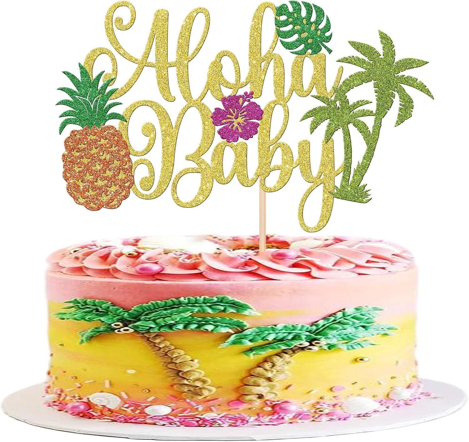 Hawaii cupcake topper - glitter bloemen - palmblad en ananas - vrolijke verjaardag versiering - ShopVlot