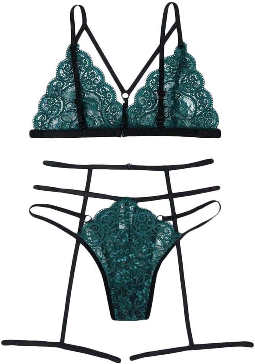 Nachtkleding kant lingerie nachtjurk lingerie sexy jurk met string voor damesBh-set voor vrouwen Sexy ondergoed partij lingerie set G-String met kousenband Sexy Lingerie Draadloze ongevoerde BH-Groen__XL