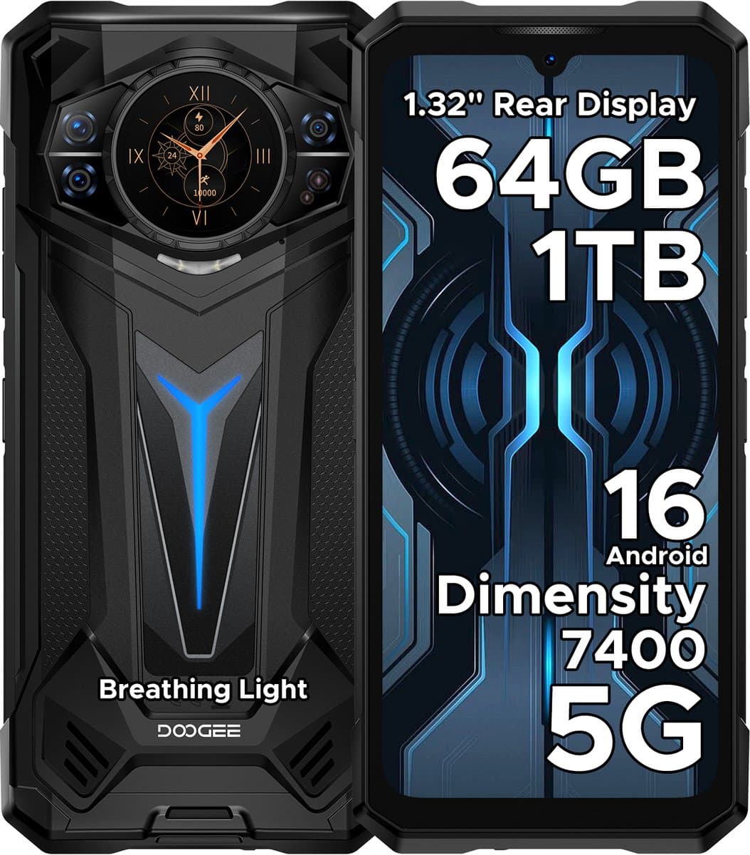 DOOGEE S200 Ultra 5G - Robuuste Smartphone - Robuuste Telefoon - 48GB RAM + 1TB ROM （2TB /TF） - Dimensity 7400 - 11000 mAh /66W - 6,72 inch 120Hz - Android 15 - Nachtzicht -100 MP AI camera - NFC - GPS - 1,32 inch display achteraan - Zwart