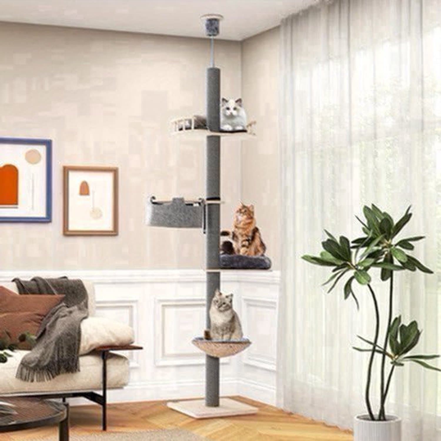 Kattenboom – Krabpaal – Kattentoren – Krabpaal Voor Katten – Kattenhuis – Verstelbare Hoogte 236-271 cm – Stevige Plywood Constructie