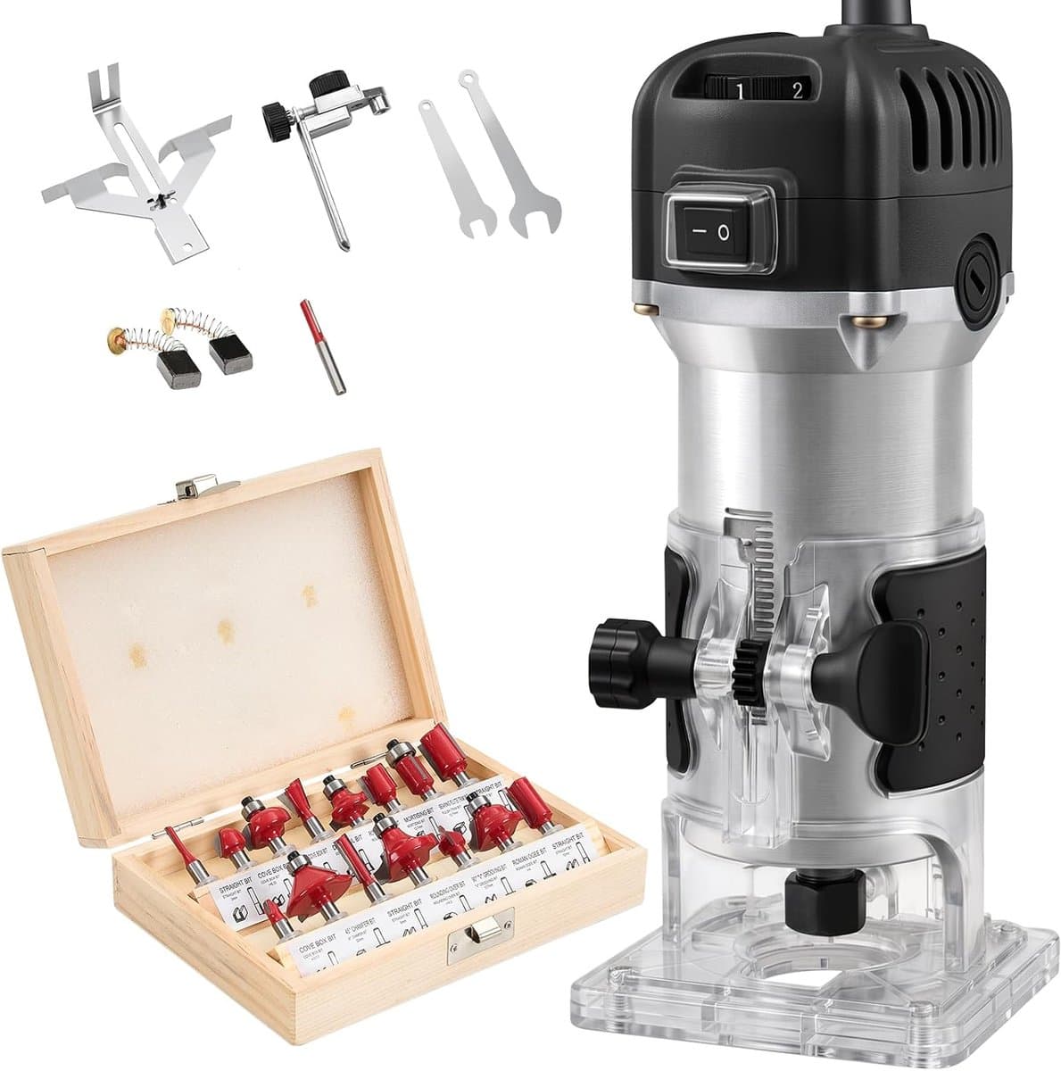 Palm Router Tool 800W, Variabele 6 Snelheden Trim Router Max 33000R/MIN, Hout Router met Transparante Base, Hand Hout Routers met 15 stks Router Bit Set voor Handwerk en DIY, Zwart