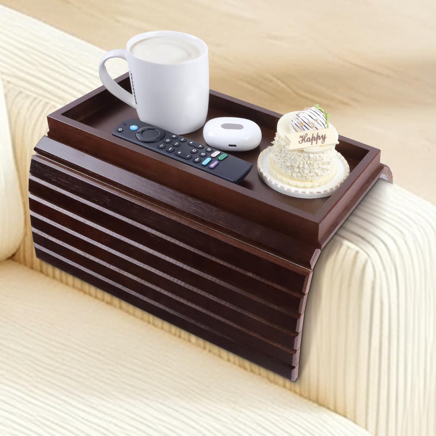 Houten Bankdienblad – Flexibele Armleuning Tray voor Afstandsbediening en Snacks – Bruin