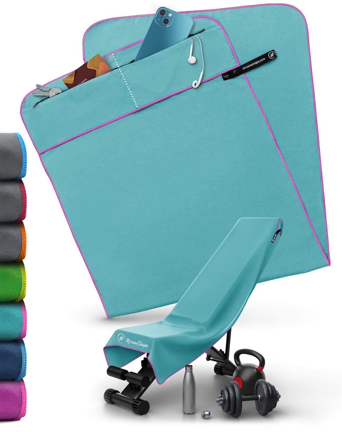 NirvanaShape - microvezel handdoek - sporthanddoek met 2 ritsvakjes - gym handdoek met verwijderbare magneetclip - compact en absorberend - 125 x 48 cm - Turkoois / Roze Rand