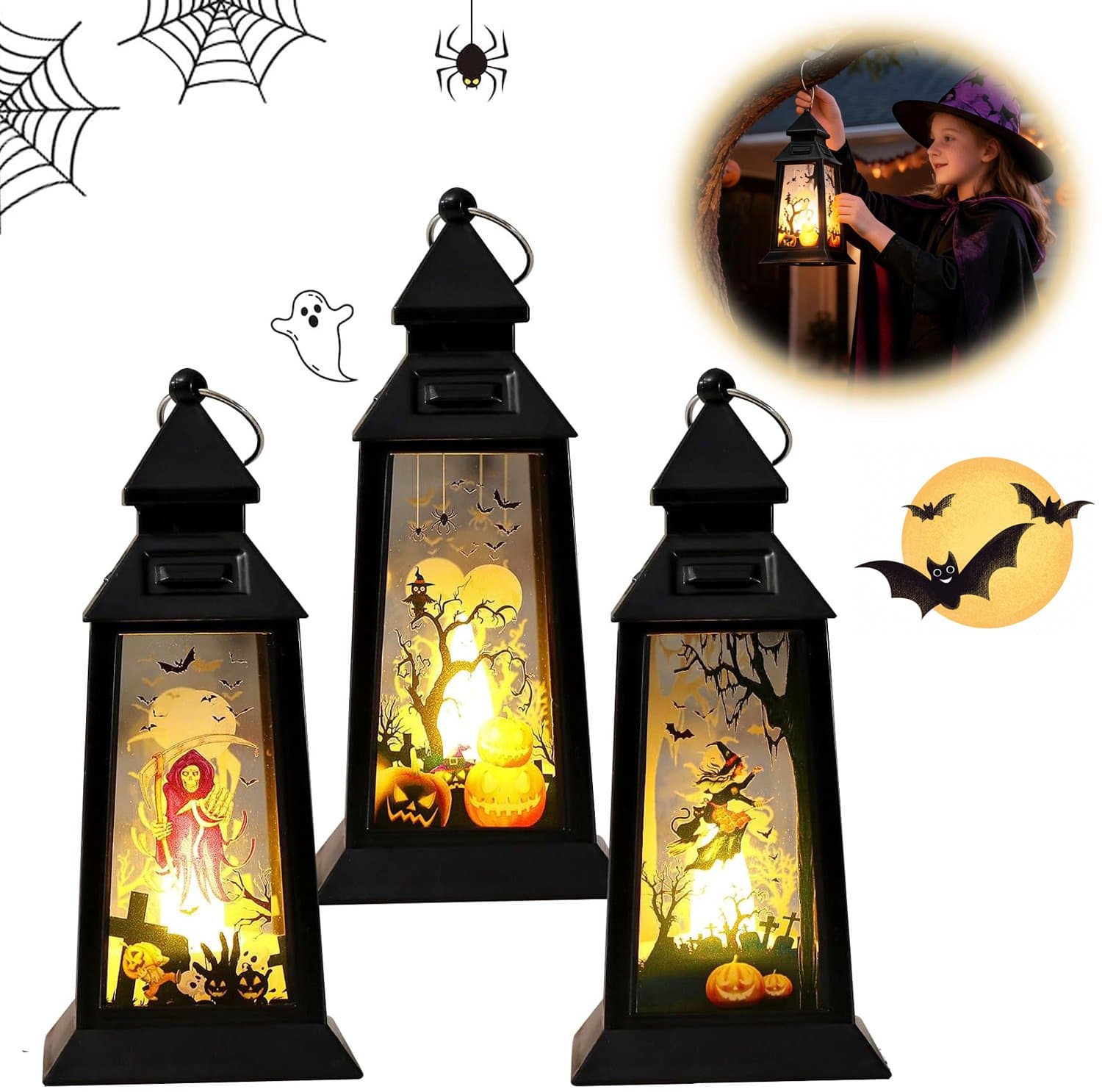 3 Halloween-Lantaarns Met Led-Kaars - Decoratieve Hanglampen - Vintage Kaarsenlantaarn - Spook-/Heks-/Pompoenlamp