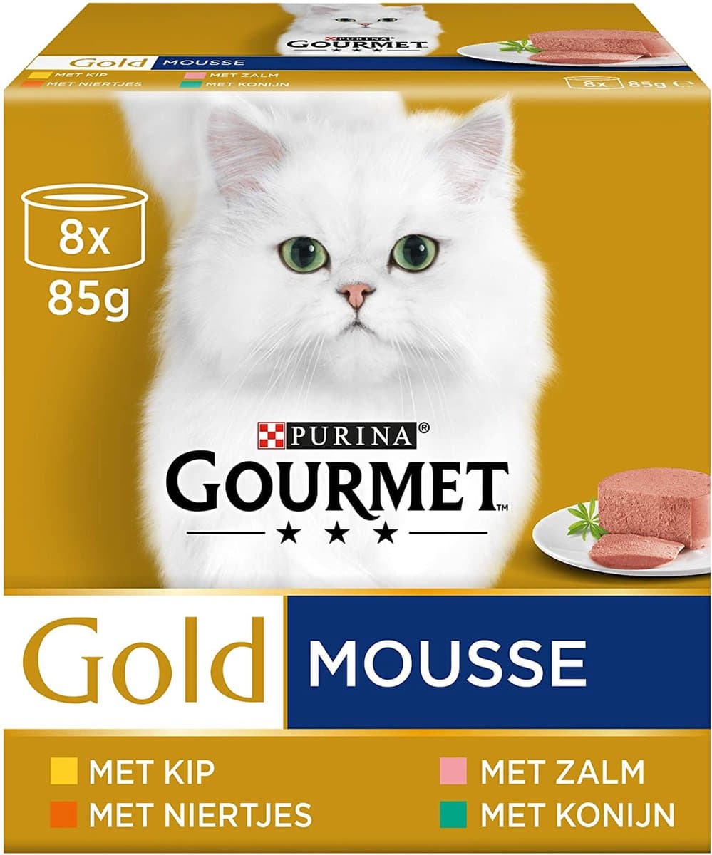 Gourmet Gold Mousse Kattenvoer, Natvoer met Kip, Zalm, Niertjes en Konijn, 8 x 85g - doos van 6 (48 blikjes; 4,08kg)