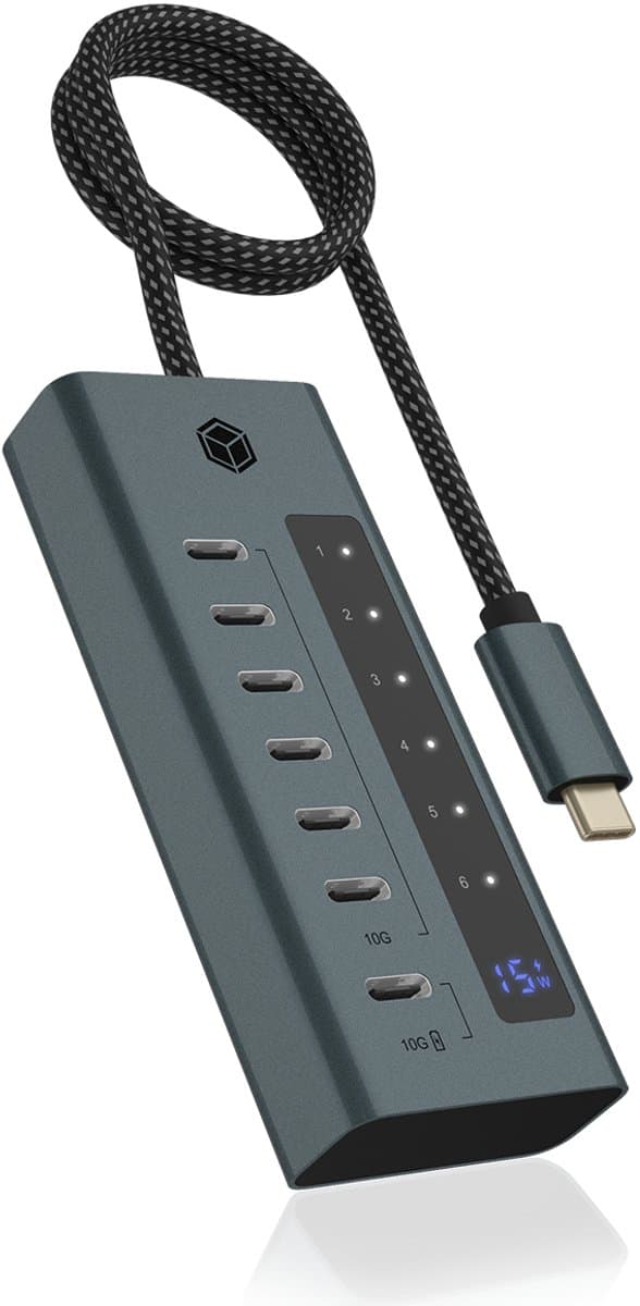 ICY BOX IB-HUB1457-C31 USB 3.2 Gen 1 (3.1 Gen 1) Type-C 10000 Mbit/s Blauw, Grijs