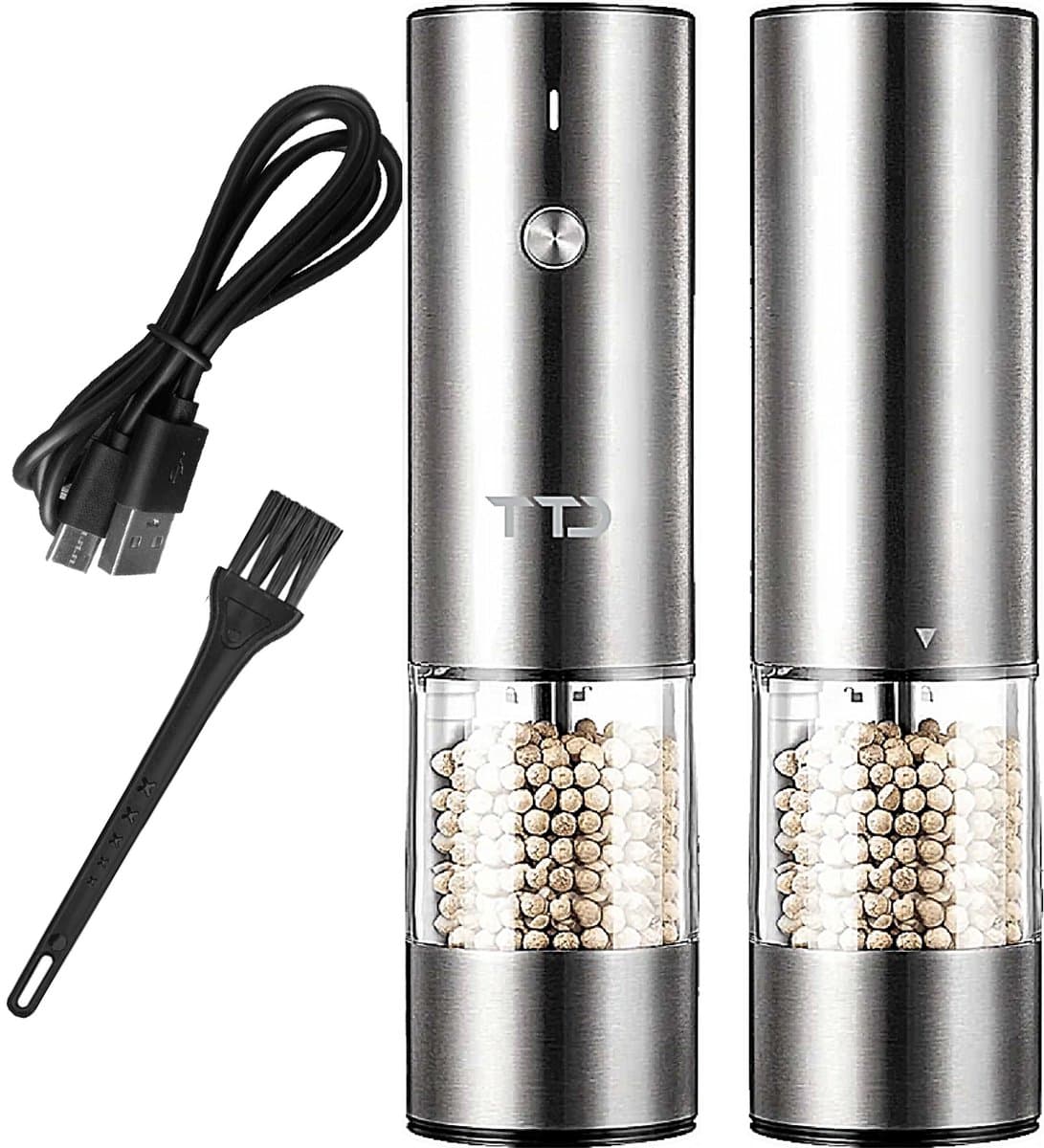 TTD® Premium Zout en Pepermolen Set Elektrisch RVS XXL - 75 ml Capaciteit - USB-oplaadbaar - Peper en Zoutmolen set - Kruidenmolen - Zoutmolen - Pepermolen - Peper en Zoutmolen Oplaadbaar - Verstelbare maalgraad - LED-verlichting - 2 stuks