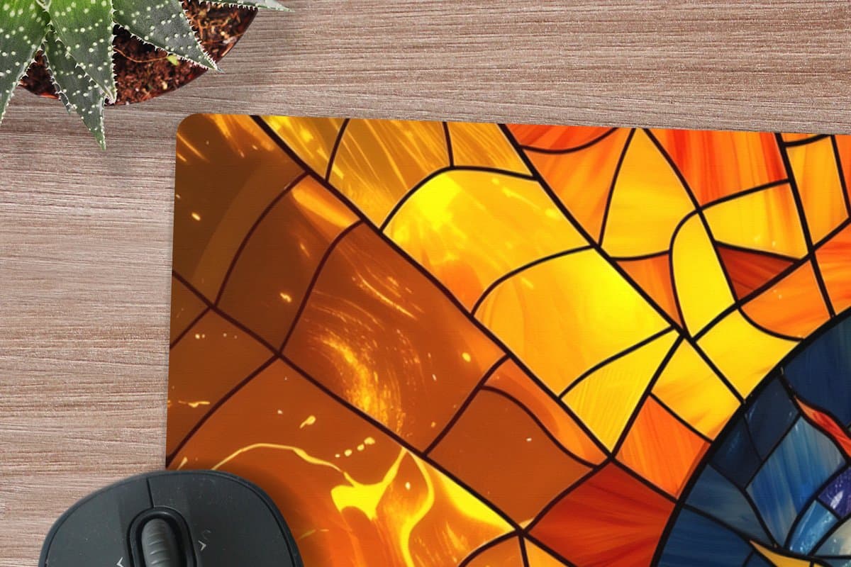 Muismat XXL 120x80 cm - Bureau onderlegger - Bureau mat Mozaïek - Zon - Geel - Cirkel - Bureaumat - Gaming mousepad xl - Bureaulegger groot - Computer deskmat