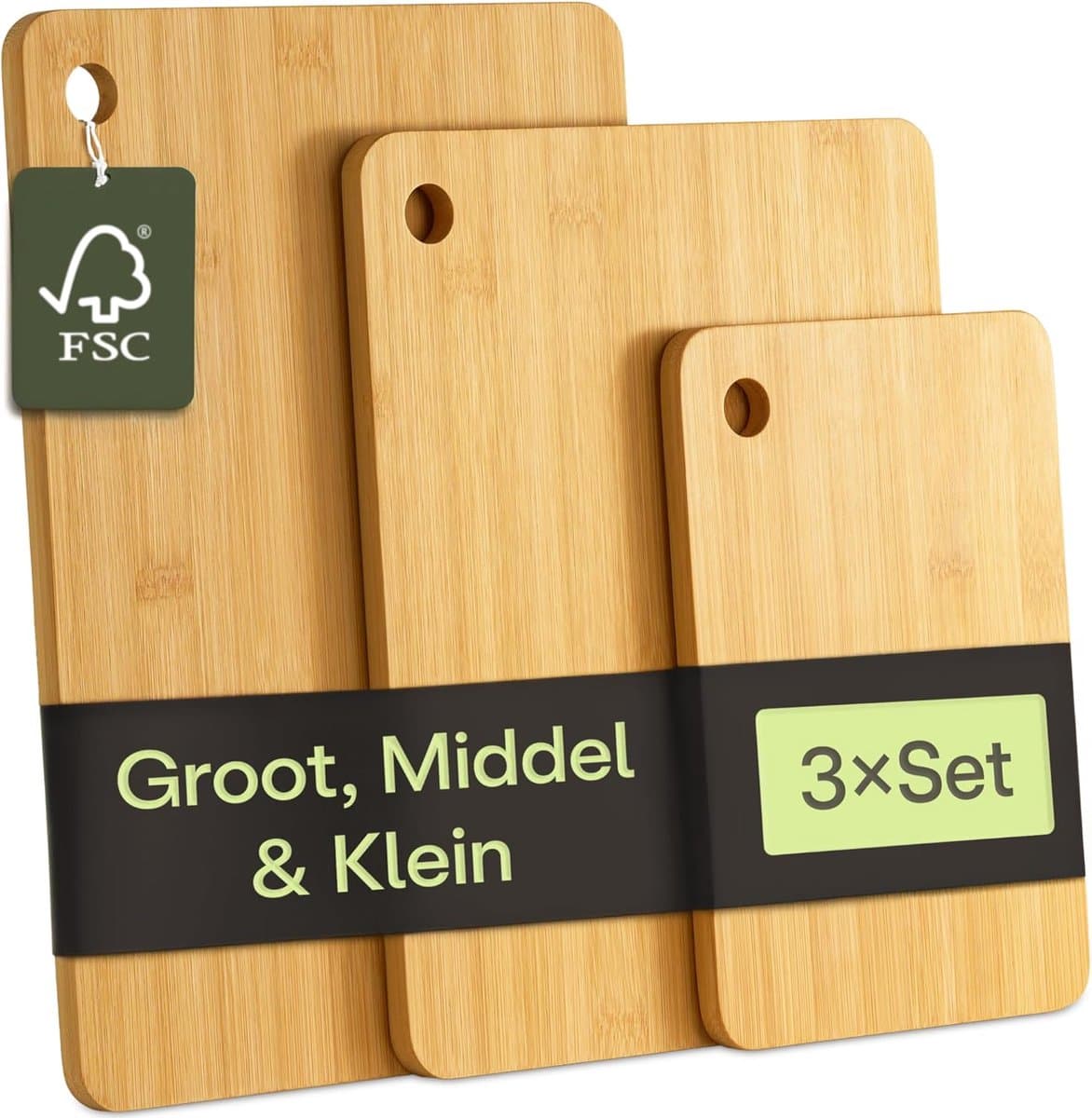 PromoHome Bamboe Snijplankenset van 3 Stuks - Duurzame FSC Gecertificeerde Keukenplanken voor Groenten, Vlees en Brood - Verschillende Maten (31,5x22cm, 28x22cm, 22x15cm) - Messenvriendelijk en Gemakkelijk Schoon te Maken
