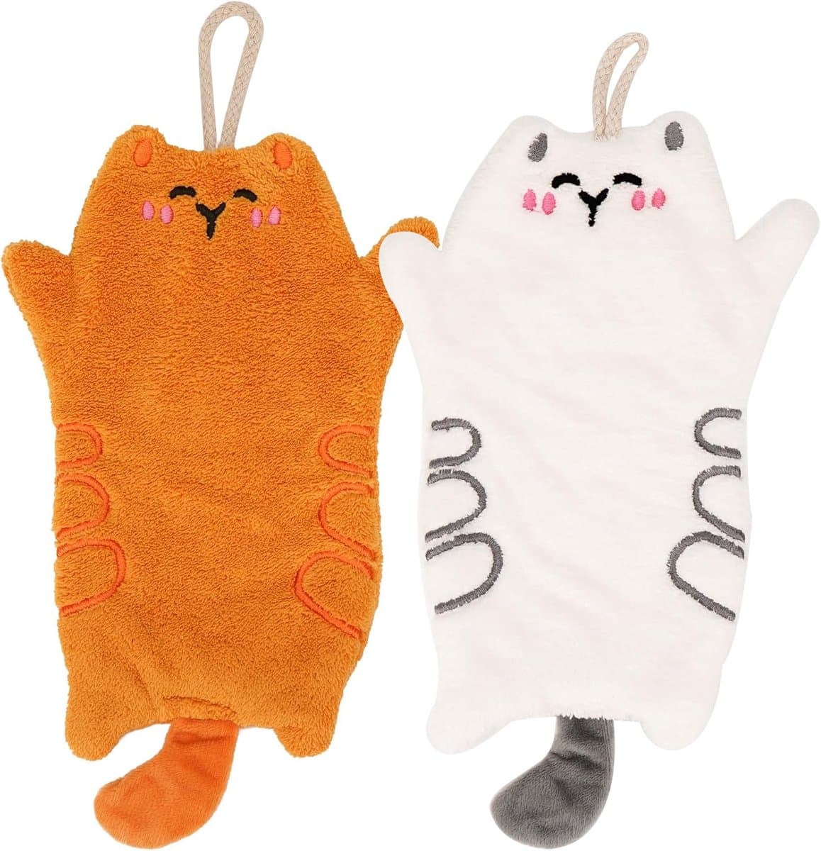 Mmgoqqt 2-pack kattenhanddoeken (ideaal voor badkamer en keuken) - schattige hangende handdoeken van koraalfleece - met lachend kattengezichtje - zacht en absorberend - met lus (wit-geel)