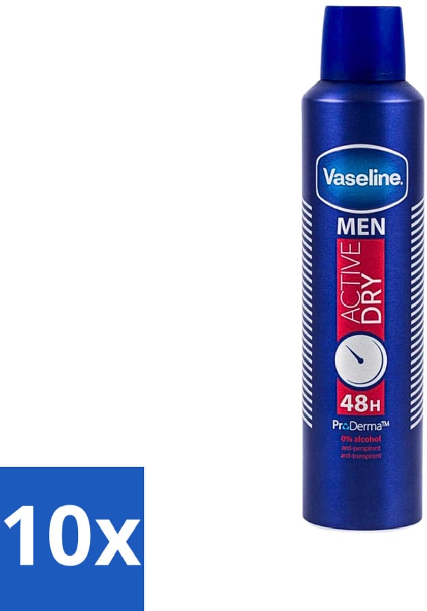 10 x Vaseline - Men Active Dry - Deospray - Anti-Transpirant - 250 ml - Anti-transpirant - Deodorant - Zweetbestendig - Frisheid - Mannelijke Geur