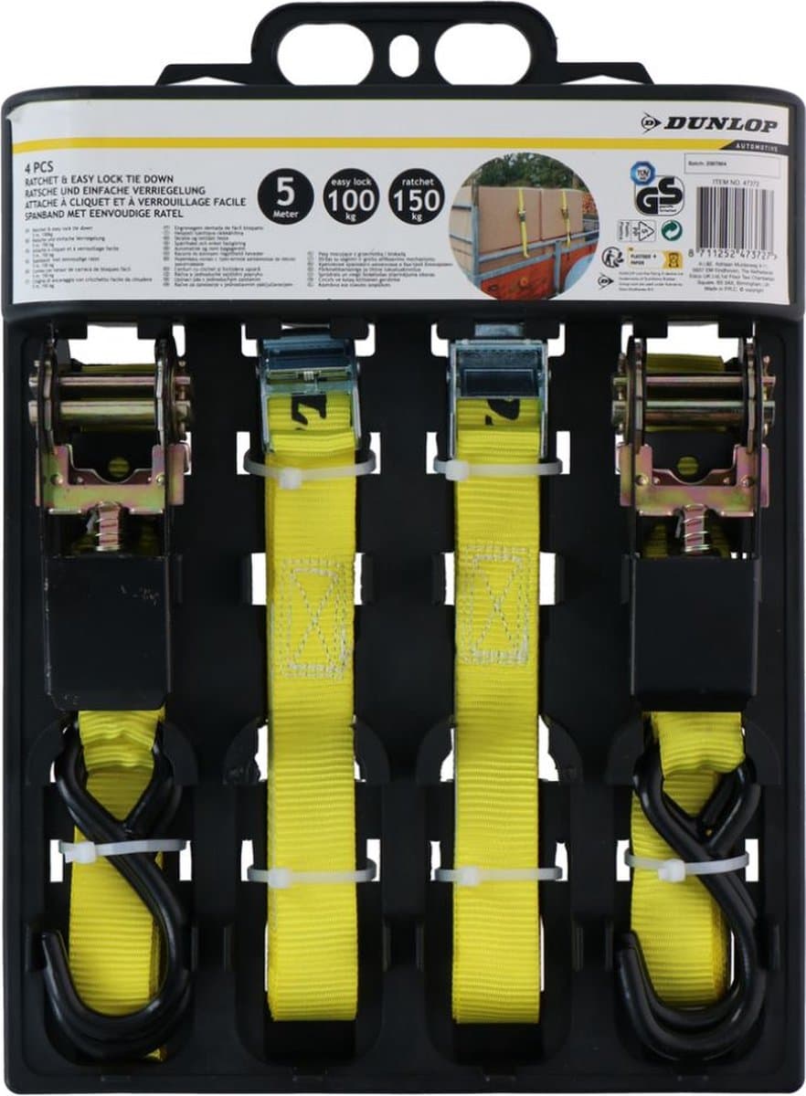 Dunlop Ratchet Strap Set - 5 Meter, Geel, 4 stuks