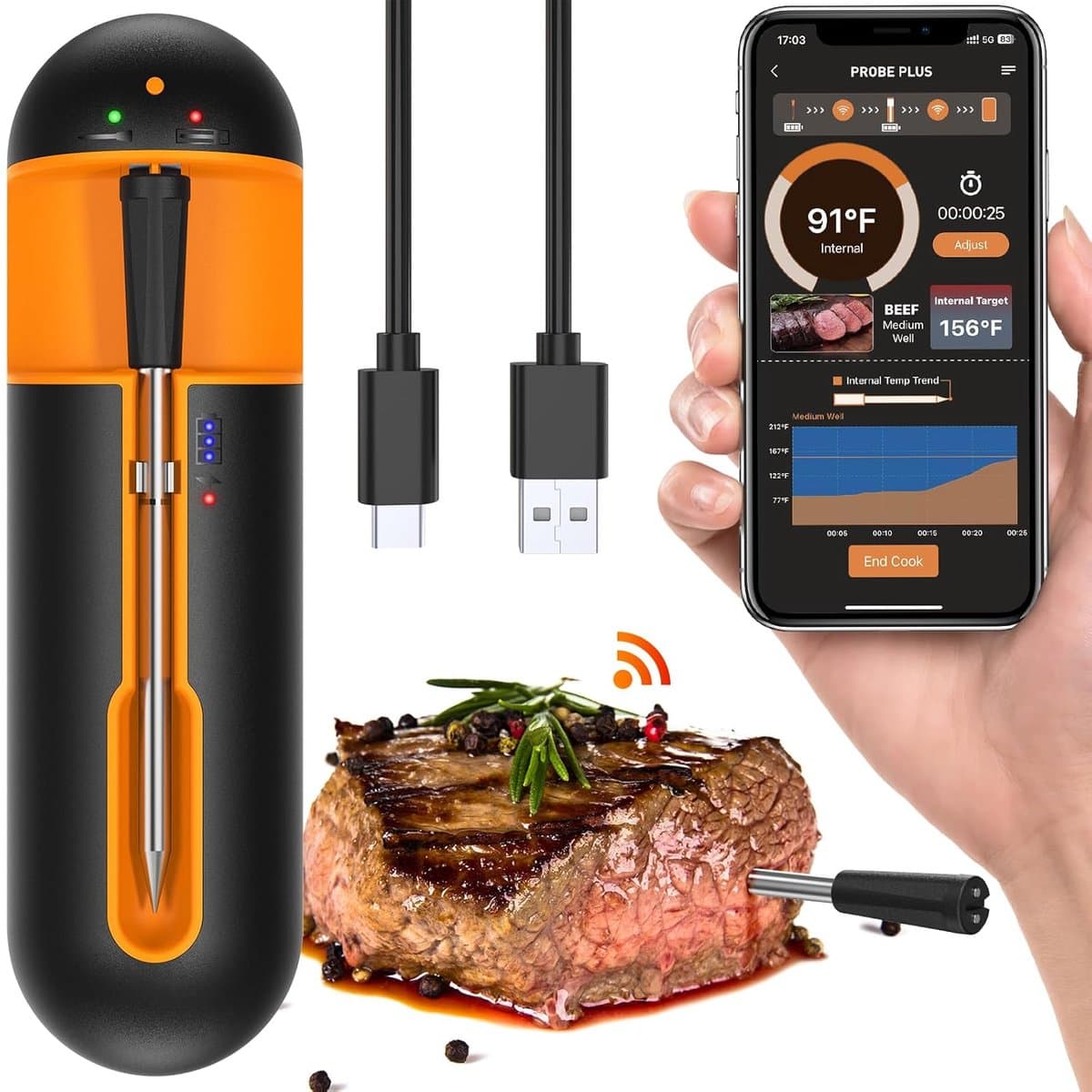 Lexium Vleesthermometer draadloos - Vleesthermometer bluetooth - Vleesthermometer digitaal - Digitale BBQ Thermometer Draadloos - Keukenthermometer