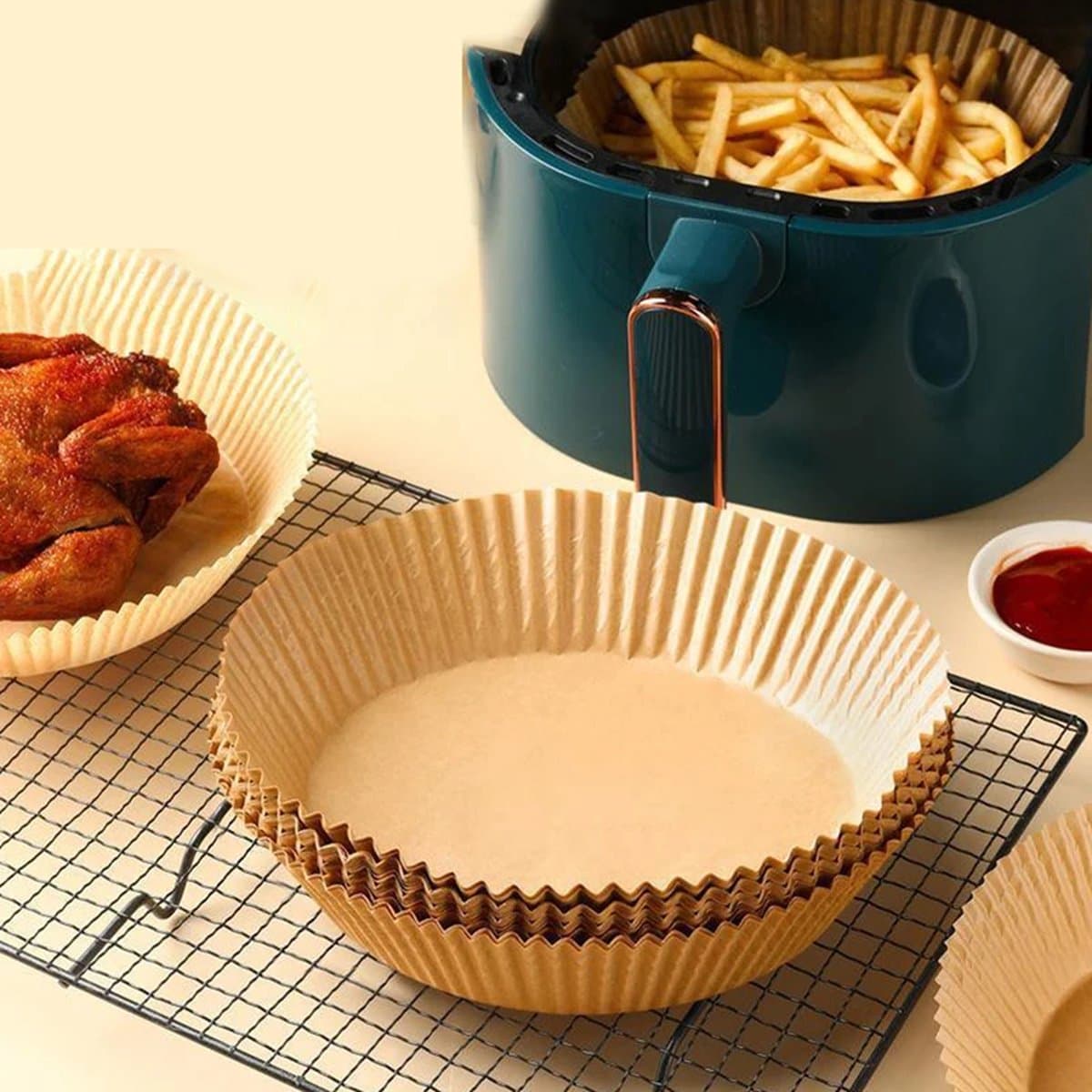 CHPN - Airfryer bakjes - Wegwerpbakjes voor Airfryer - Bakpapier - Bakvorm - 16cm diameter onderkant - 20CM bovenkant - 50 stuks - Geschikt voor heteluchtfriteuse