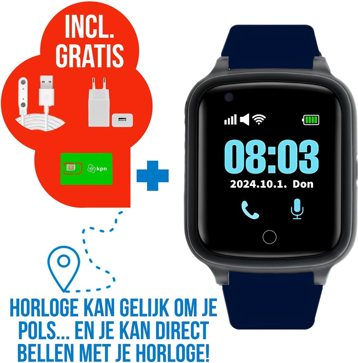 Wiesba WB73S - GPS Horloge Senior - Smartwatch voor Ouderen - Persoonlijke alarmen - alarm horloge ouderen - GPS Horloge Alzheimer - Valdetectie - Blauw
