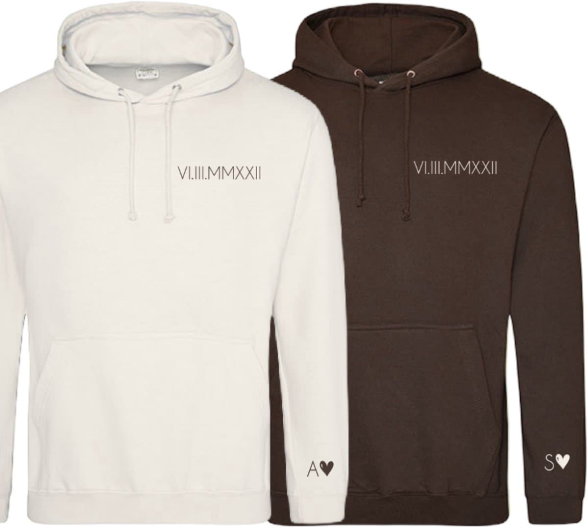 Hoodie set koppel-Hot chocolate en Vanilla milkshake setje koppel hoodies met datum in romeinse cijfers en voorletters-Maat M