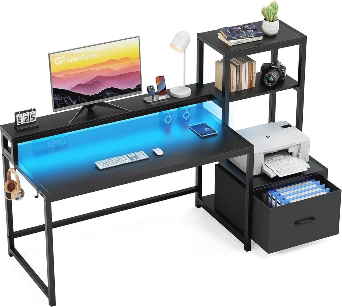 Gaming Bureau met Printer Plank en LED-verlichting - 150 cm Zwart Computerbureau