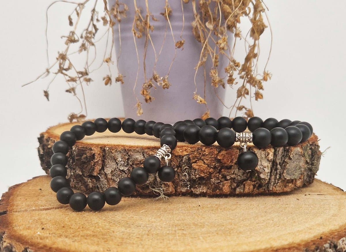 Handgemaakte Fatema natuursteen armband met natuursteen hanger " Mat zwart onyx " -8 mm diameter van de korrel- Diameter armband 20 cm - Een mooi cadeau voor familie en vrienden