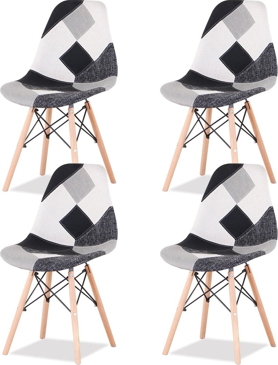 KTN® - Eetkamerstoelen set van 4 - Rugleuning - Fauteuil - Woonkamerstoelen - Kuipstoelen - Fluwelen Stof - Gewatteerde zitting - Nordic Stoel - Stoelen - Houten poten - Patchwork Patroon - Kleurrijk - Zwart - Grijs