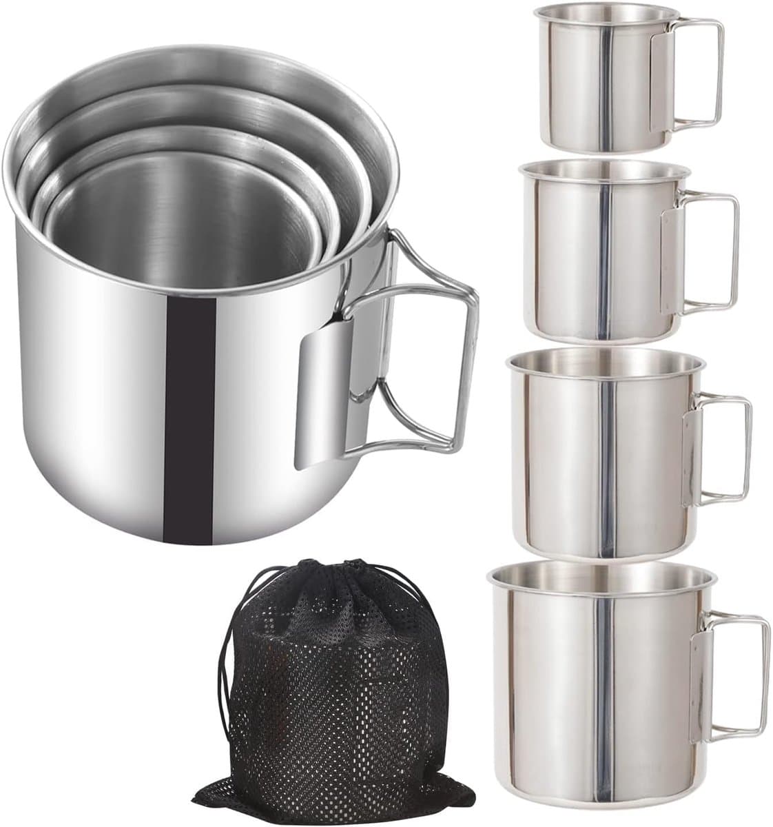 Set van 4 RVS Campingbekers met Opvouwbare Handvatten voor Buitenactiviteiten