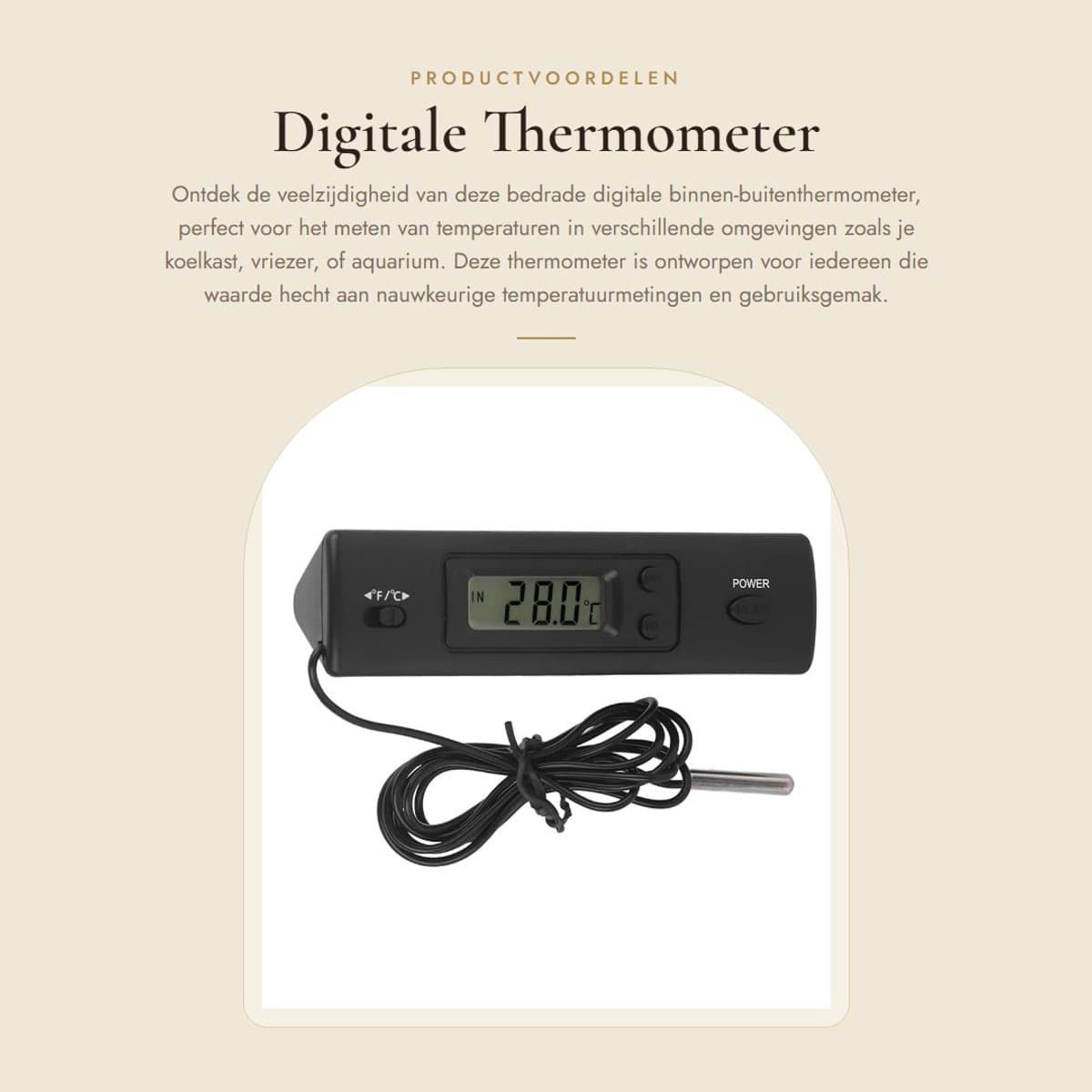 Dailygoods - Digitale Thermometer - Binnen-buitenthermometer - LCD-display - Temperatuurmeter - Voor Koelkast, Vriezer, Aquarium - Betrouwbare Sensoren