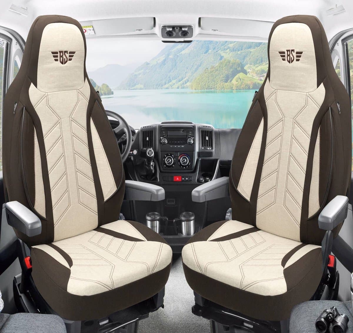 Premium Camper stoelhoezen voor Mooveo Campervan / XL PLKT210 in Bruin/Beige (2 losse stoelen)