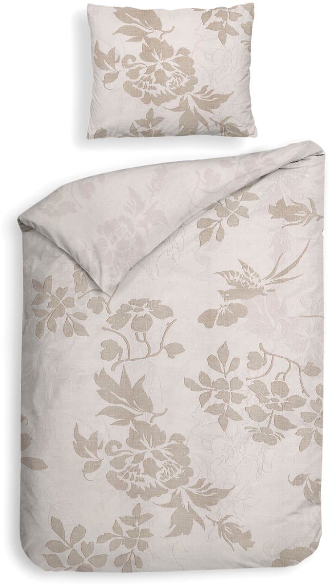 Heckettlane Dekbedovertrek Ling - Dekbed met instopstrook - Beige - Dekbedovertrek van 100% Katoen-Satijn - Bloemen - 140x200-220 cm + 1 sloop 60/70 cm - Cambridge