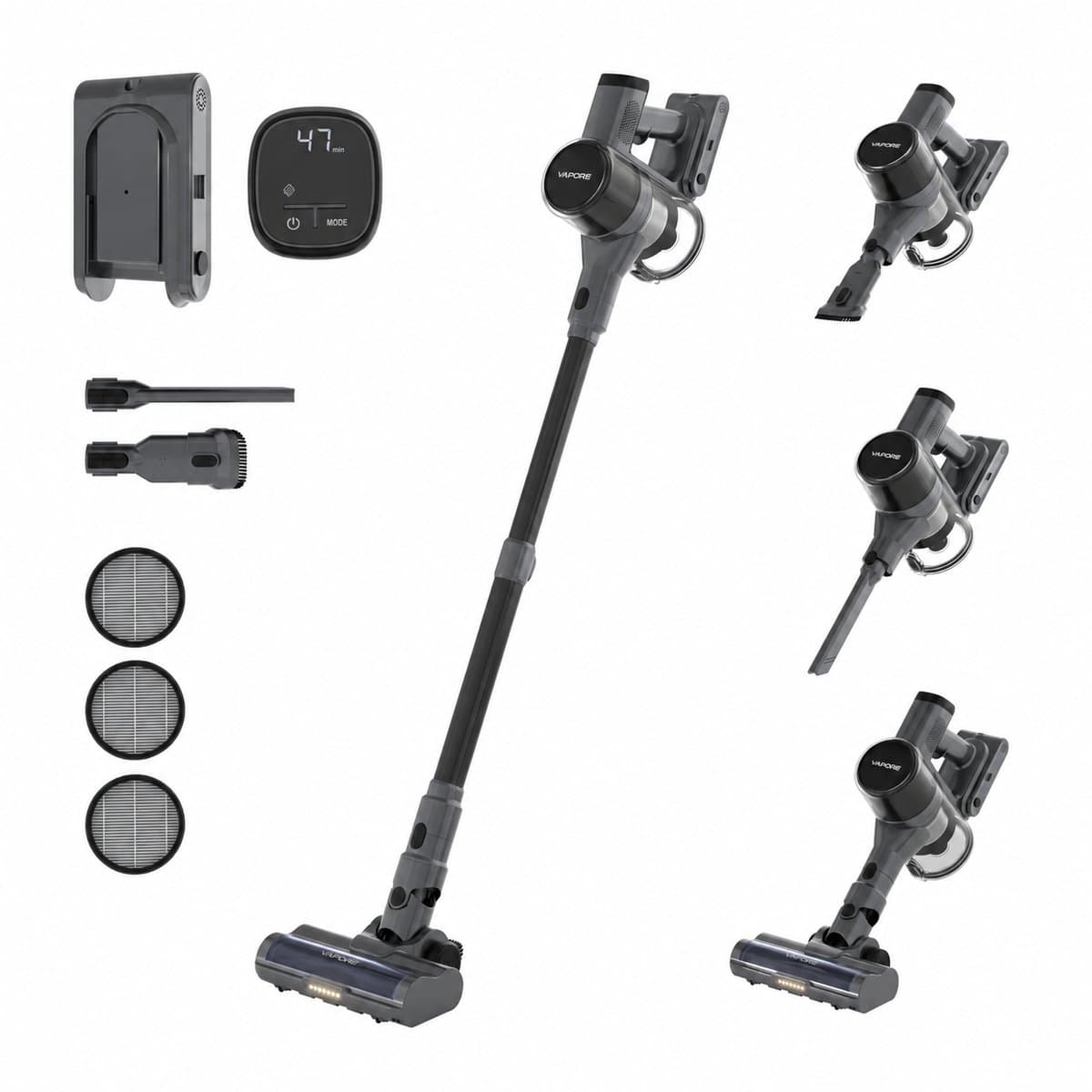 Vapore Steelstofzuiger Draadloos - Incl. Extra Accu - 47 Minuten Accuduur - 350W - Snoerloze Stofzuiger - Stofzuiger Zonder Zak - Op Accu - Vacuum Cleaner - Kruimeldief - Draadloze Steelstofzuiger - Zwart