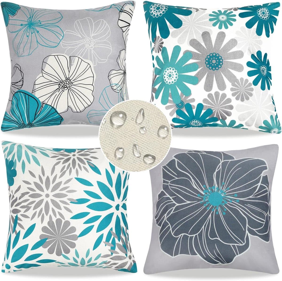 Kussenhoezen, set van 4 decoratieve kussenhoezen, 45 x 45 cm, outdoor, waterdicht, moderne bloemen, voor bank, lente en zomer, vierkante boerderij, decoratief, voor stoel, slaapkamer, watergroen
