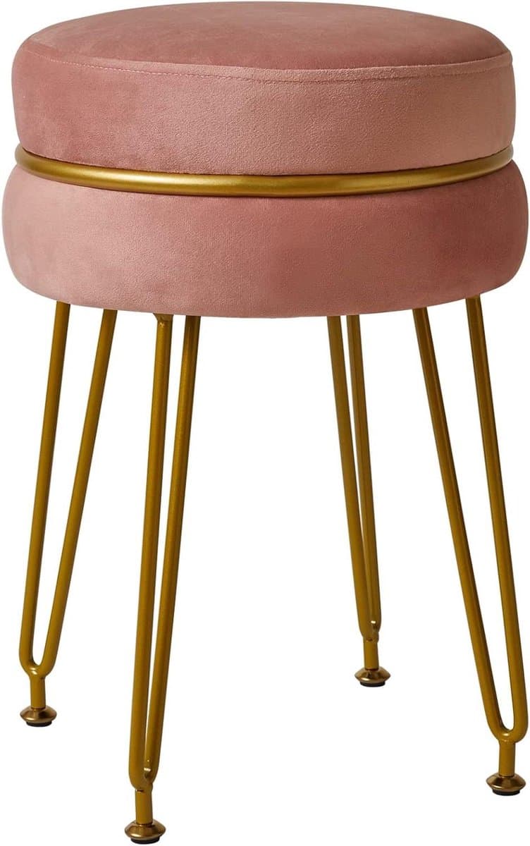 Ronde voetenbank - Fluwelen kruk - Make-up kamer - Verstelbare voeten - 47 cm hoog - Roze